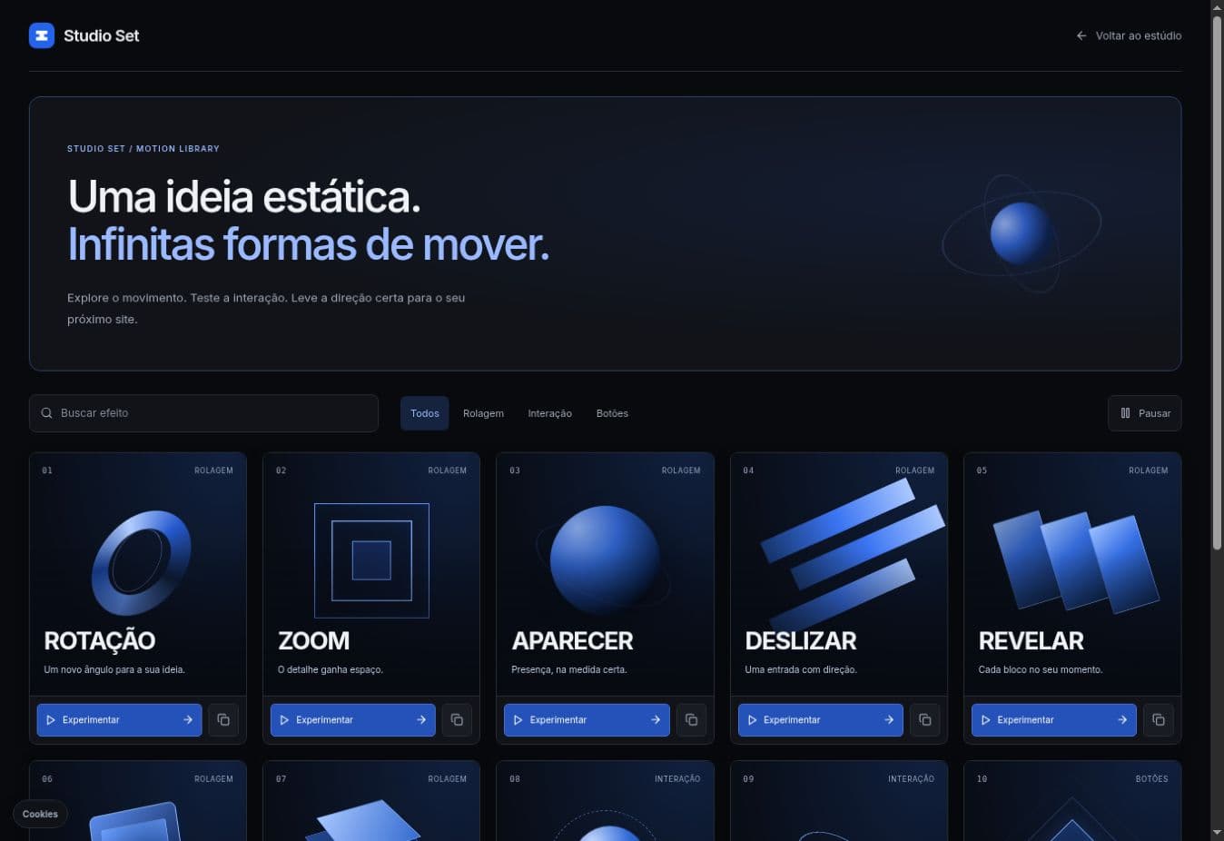 Biblioteca real de efeitos do Studio Set, com cartões de rotação, zoom, aparecer, deslizar e revelar
